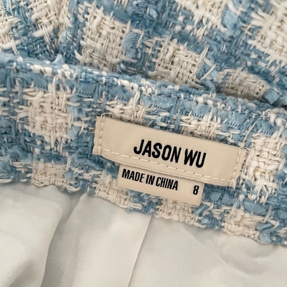 SET JASON WU Boucle Tweed cropped blazer and skort  Blue White Gold Button 8 M - Picture 16 of 16